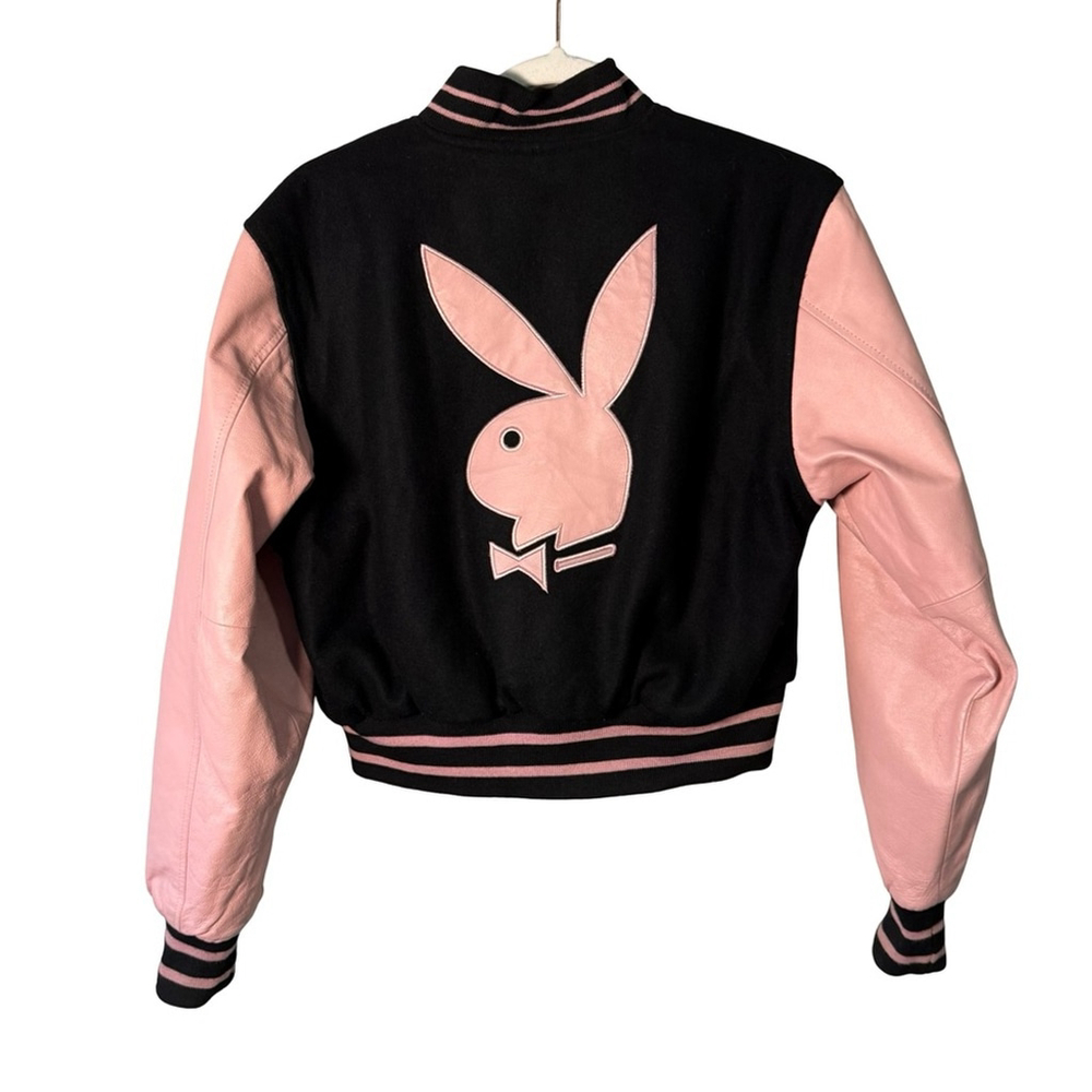 PLAYBOY Vintage Y2K Reversible Black and Pink Leather Letterman’s Jacket Size M - Picture 2 of 16